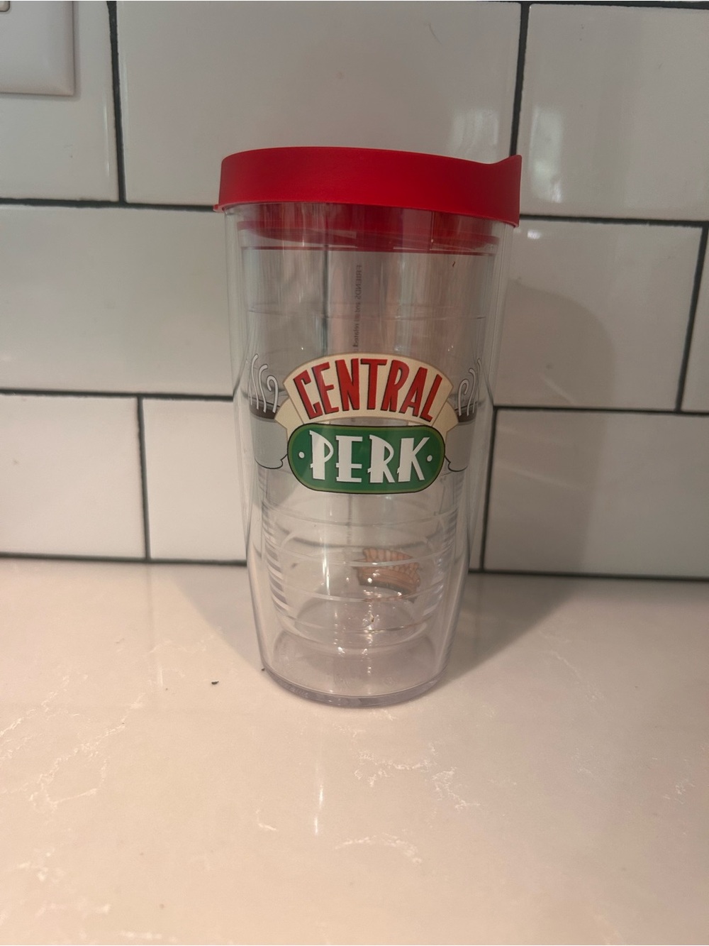 tervis Central Perk Clear Tumbler with Red Lid and Green Logo